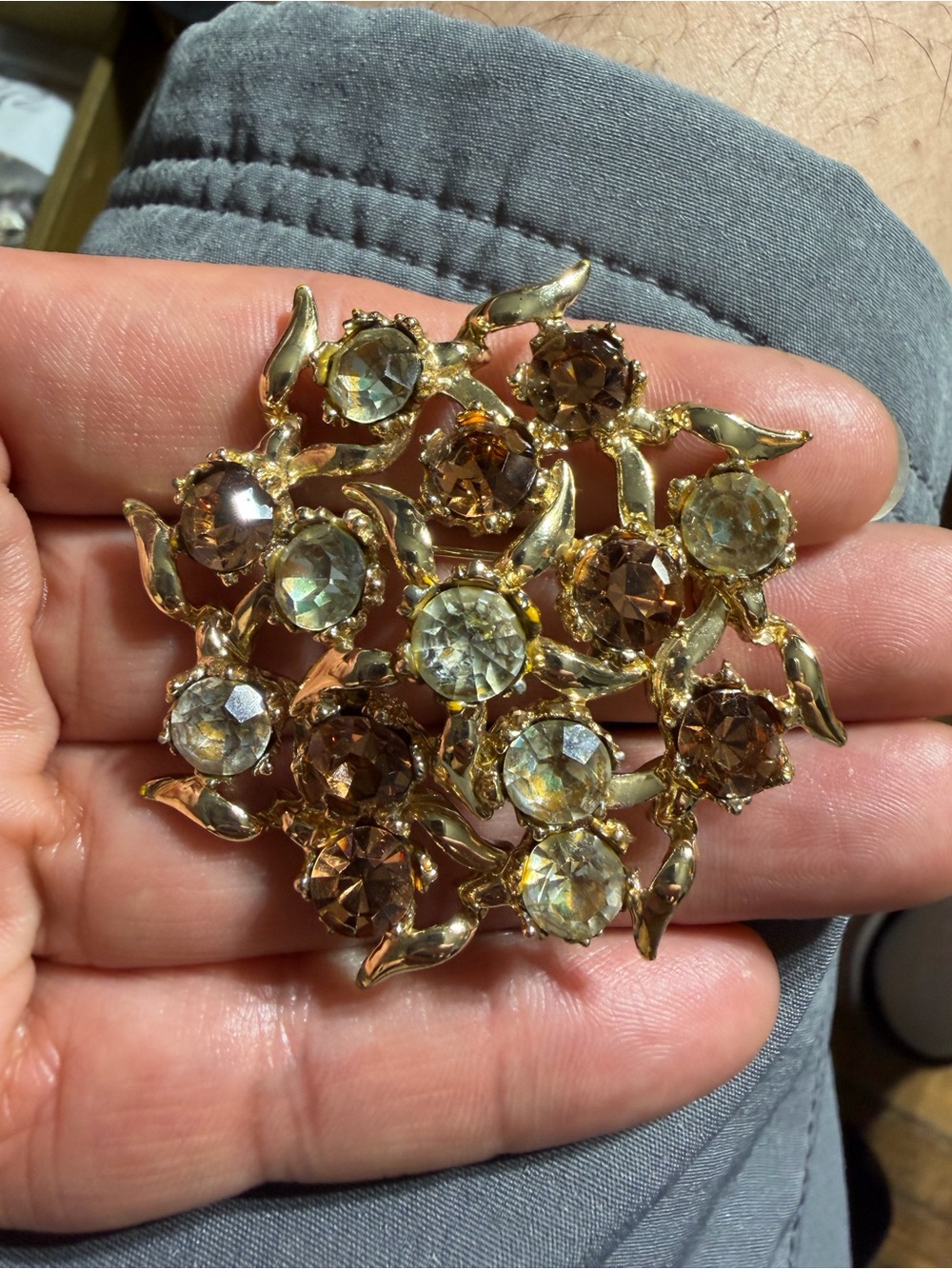 VintageBSK Gold Tone Crystal Floral Cluster Brooch